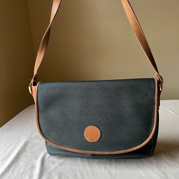 Vintageβ Toledano Green Leather Crossbody Bag with Tan Trim Flap Shoulder Purse - Picture 9 of 9